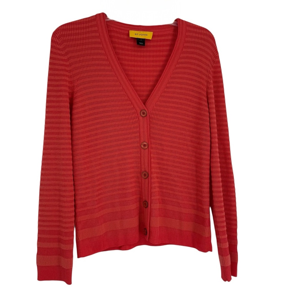 St. John Women’s Striped Button Cardigan Pink /salmon Size Small V-neck Rib Knit